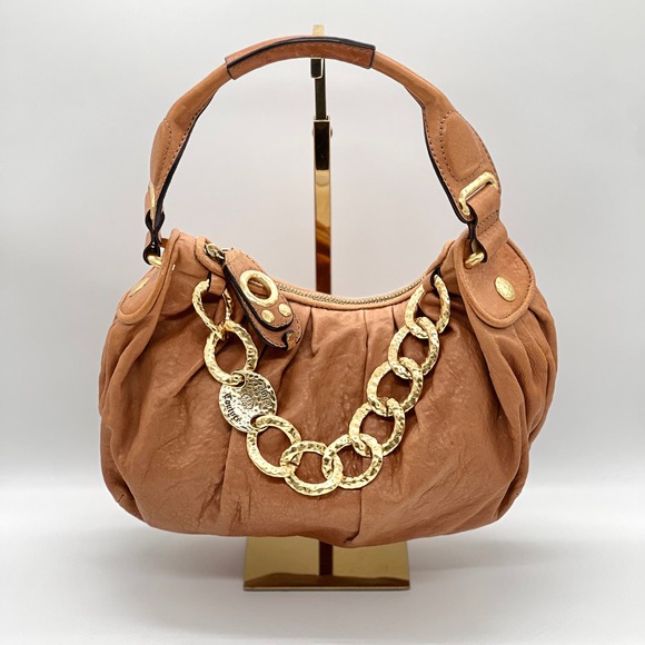 Juicy Couture Handbags - JUICY COUTURE Leather Hobo Shoulder Bag Womens Brown Cognac Gold Chain Y2K